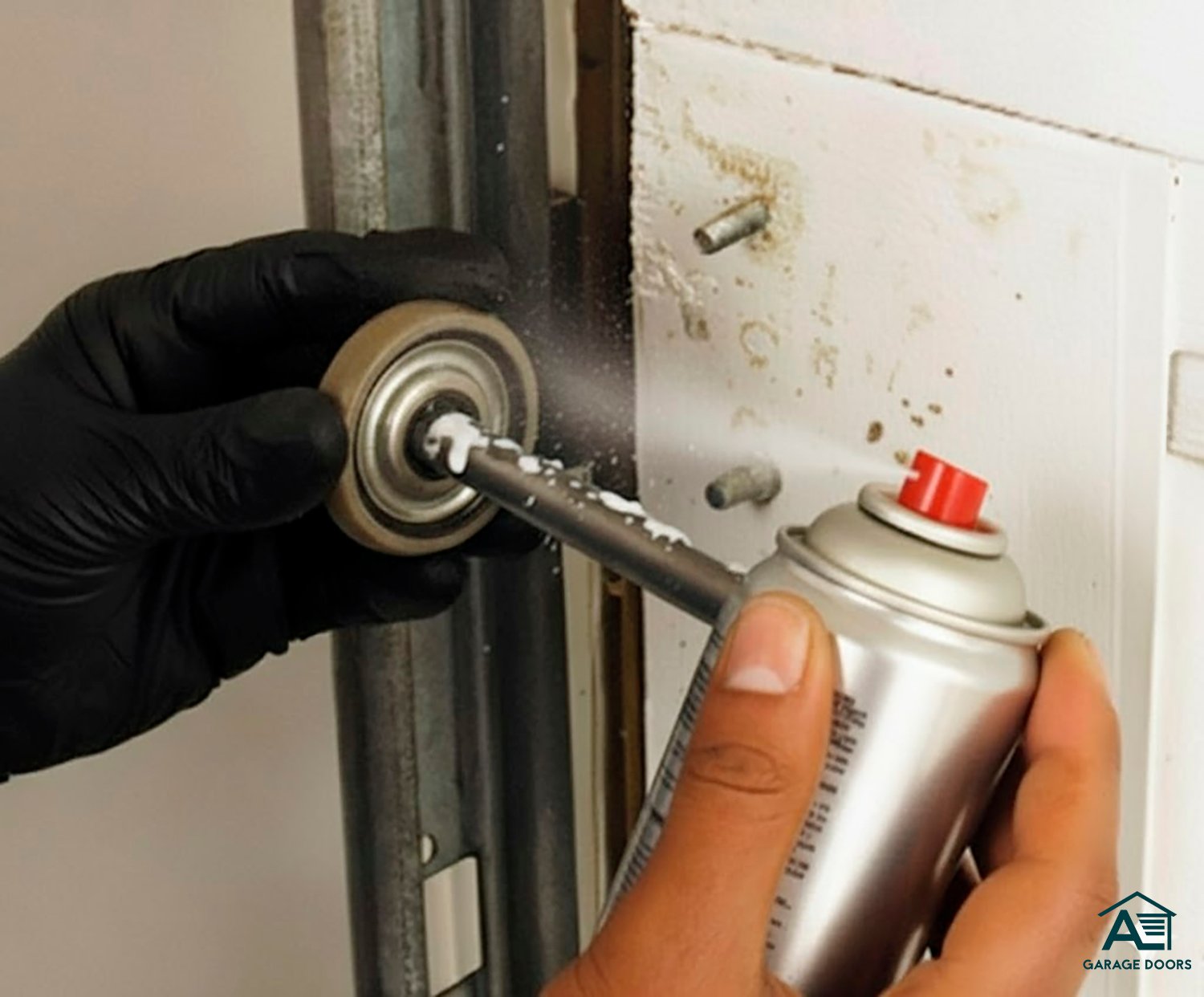 Close-up of garage door rollers being lubricated before winter
