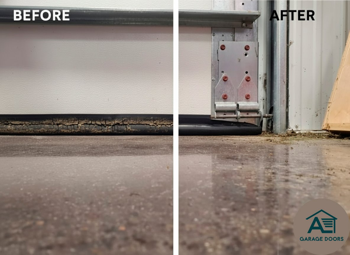 Before-and-after comparison of a cracked garage door bottom seal replaced before winter