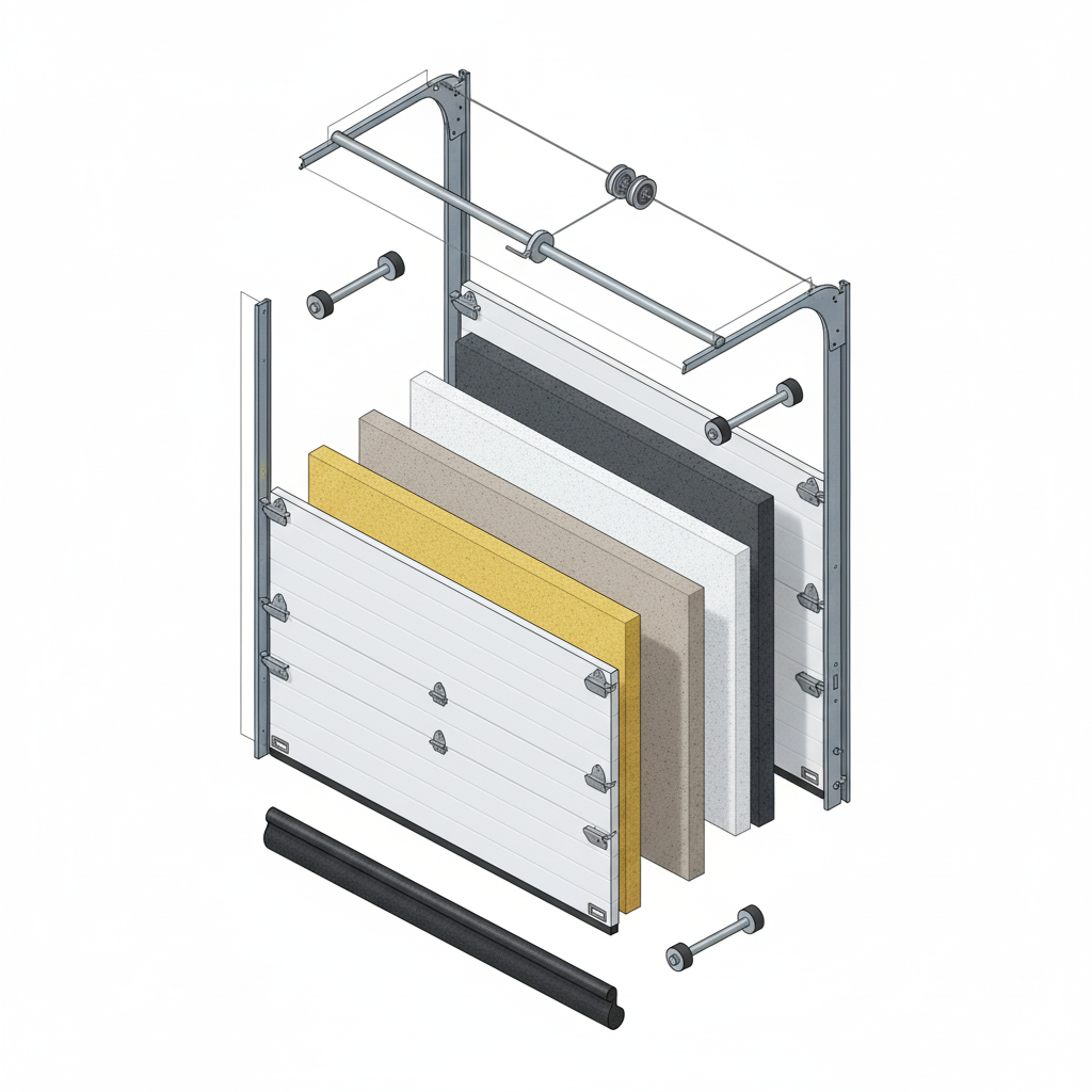 Close-up of insulated garage door panel showing steel-foam-steel construction